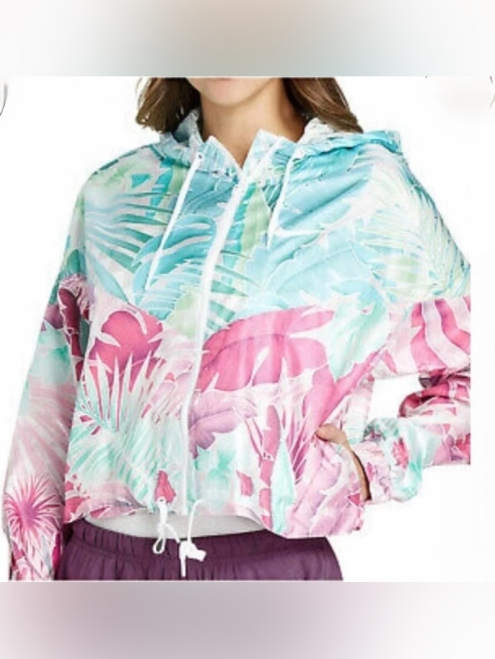 Nike Tropical Print Hooded Windbreaker Size L EUCPink & Green Leaf Print